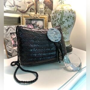 Vintage Espresso Black Woven Bag W/ circular cracked pearlescent disc appliqué